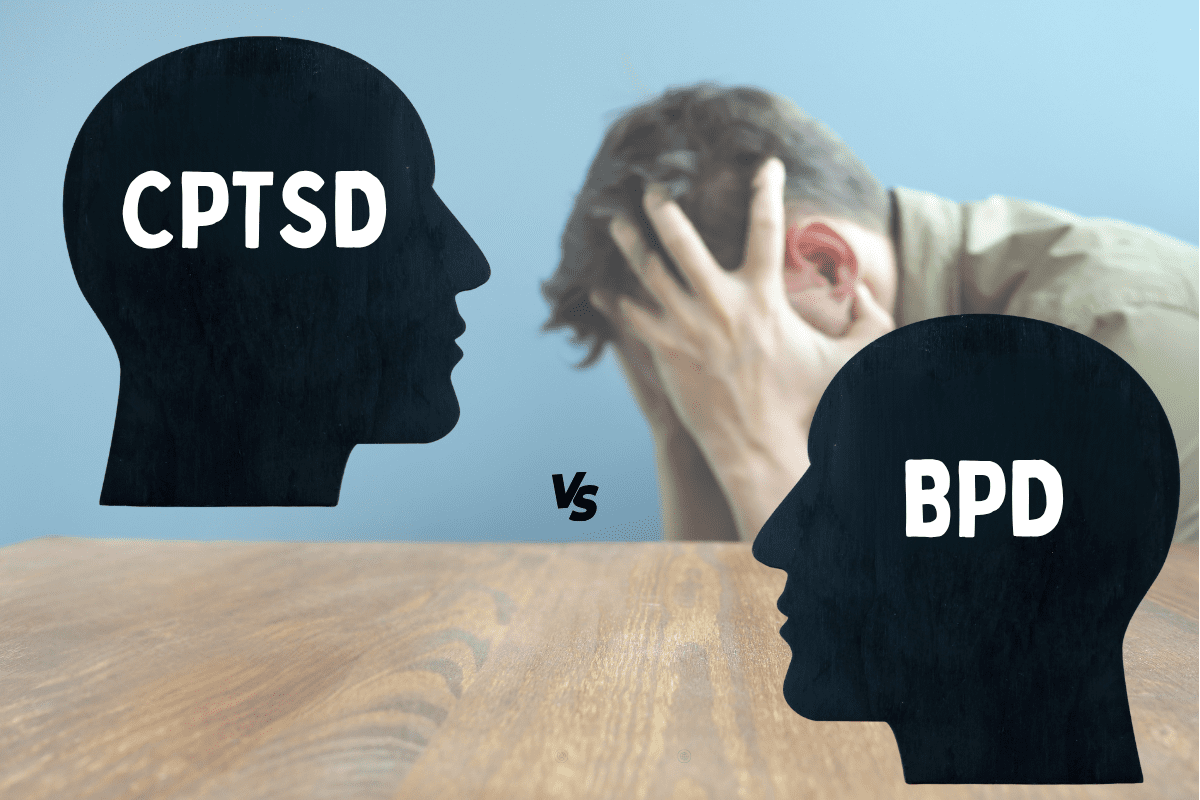 image with profiles labeled with cptsd and bpd with man holding head in hands in background